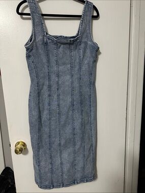 Washed Blue Denim Midi Dress with Square Neck